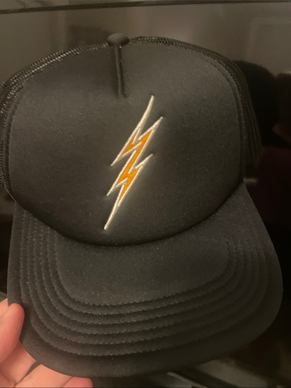 Hollister Black Trucker Hat with Orange and Silver Lightning Patch